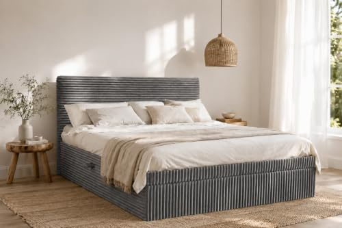 Kaiser Möbel - Bett 180x200 cm, Boxspringbett mit Bettkasten und Topper, Cord Schlafzimmerbett, Doppelbett mit Stauraum und Gepolstertes Kopfteil, Toppermatratze aus Viscoschaum - Trento - Dunkelgrau