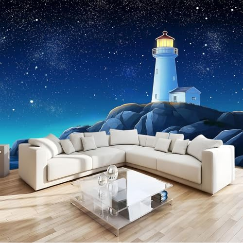 3D Fototapete Vlies Leuchtturm Sternenhimmel Cartoon Wanddekoration, Premium Blau Kunstdruck Tapete Tv-Hintergrundwand B200 X H140 Cm Für Schlafzimmer, Wohnzimmer & Kinderzimmer