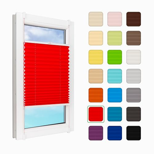 MakoStyl Fenster Plissee Innen ohne Bohren - B 130 H 150 cm Klemmfix Rot Plisee - 100 g/m2 Plissees Faltrollos - 50% Verdunkelung Blissett Rollo - Blickdicht Klemmplisseeses
