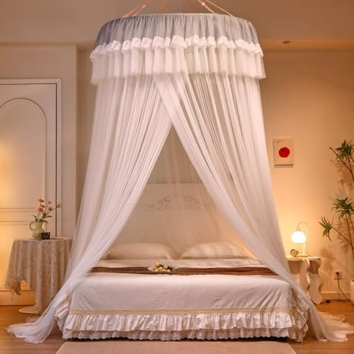 Prinzessin Moskitonetz Bett, Runder Baldachin, Rundes Spitzen Moskitonetz Zelt, Feinmaschiges Mückennetz, für Einzelbett und Doppelbett Fliegennetz B 180 x 220cm