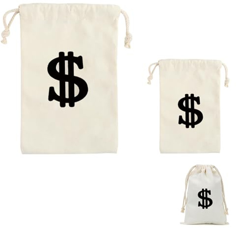 ZhouWei 2 Stück Geldsack mit Dollarzeichen, 30 x 40 cm und 25 x 17cm Geldsäckchen Bankräuber Kostüm kinder Accessoires Dieb Kostüm Geld Sack mit Kordelzug Geschenktüten, für Karneval Cosplay