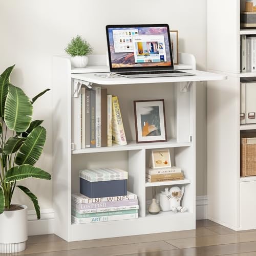 Schreibtisch klappbar,Wandschreibtisch mit Ablagen,Klappbarer Wandtisch,Schwebender Laptoptisch,Platzsparender Klapptisch Computertisch Arbeitstisch Bürotisch für Homeoffice,Büro,64x20x82cm (Weiß)
