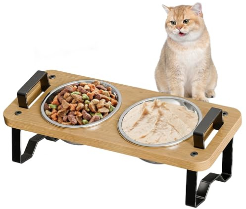 Futternapf Katze erhöht 2 Näpfe - Katzen Futterstation 2er Set | Höhenverstellbar Fressnapf Futterbar mit Holz Ständer, Edelstahl Näpfe für Wasser Futter - erhöhter futternapf Katze