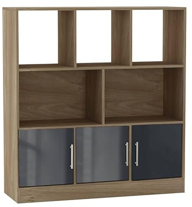 URBNLIVING Oak 8 Cube Asymmetrical Bookcase – Freestanding Storage Cabinet with 3 Doors - Gloss Doors - Grey