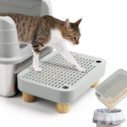 Kalolary Rampe pour Litière pour Chat avec Fonction Filtre (Gris Clair) | Marchepied Pédale Bois Toilettes Animaux Compagnie Faciles Nettoyer Marchepied Avant Piège Litière Chatons Chats Âgés