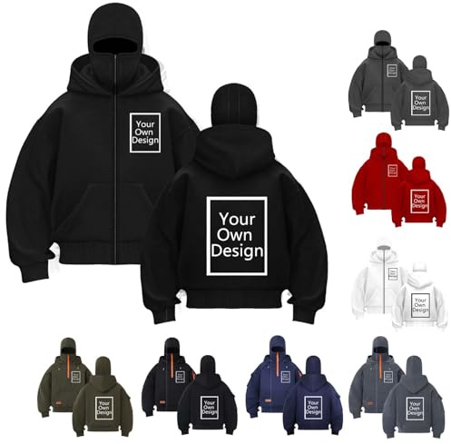 Generisch Balaclava Hoodie Herren Personalisiert Kapuzenjacke Selbst Gestalten Kapuzenpullover Fügen Sie Ihre Foto/Text Locker Hoody mit Reißverschluss Sweatjacke mit Sturmhaube Zip Hoodie Schwarz XL