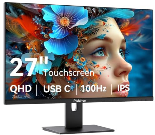 Pisichen Touchscreen Monitor 27 2K 100Hz Gaming Monitor, QHD 2560x1440 IPS PC Monitors, 10-Point Touch Screen Computer Monitors, with USB C HDMI DP Ports, Built-in Speakers