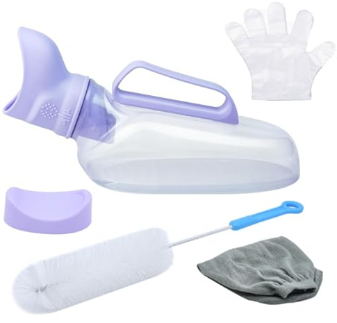 6-teiliges Set Urinflasche für Frauen, 1200ml Kapazität with Lila Tragbarer Griff Inkl Urinaufnahme-Trichter, Deckel, Reinigungsbürste, Strickbezug und 100 Einweghandschuhe für unterwegs, Senioren