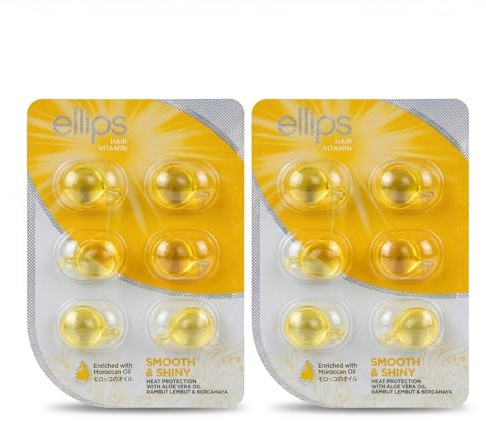 Ellips Hair Vitamin Smooth & Shiny - Lot de 2 Blisters (12 Capsules x 1ml) - Soin Sans Rinçage Cheveux Normaux - Huile de Maroc & Aloe Vera - Brillance, Douceur & Protection Chaleur