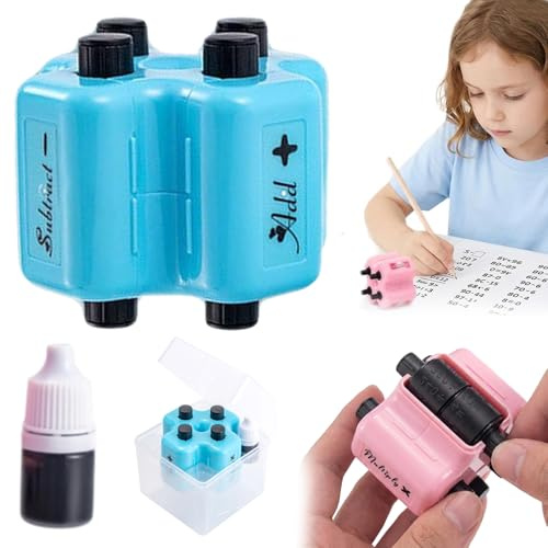 4 in 1 Math Roller Stamp Set, Mathe Roller Stempel für Addition, Subtraktion, Multiplikation, Mathematik-Stempel mit Tinte, Wiederverwendbarer Mathematik-Tool für Kinder (Blau)