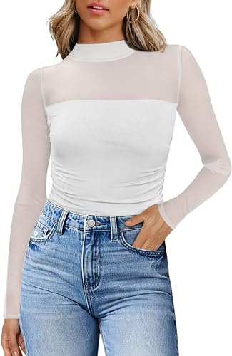 WIHOLL Women's Sheer Tops Mesh Blouses Mock Turtle Neck Long Sleeve Tops Mesh Ruched Sexy Lace Shirts Womens Tops