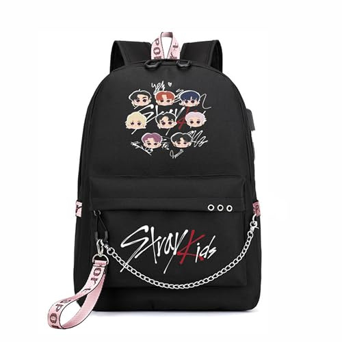 Roffatide Stray Kids Rucksack für Mädchen Jungen KPOP Merch SKZ Schultasche Casual Rucksack für Aufenthalt Schwarz G