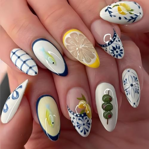Teracimoha Press On Nails, 24 stückTip Almond Medium Fake Nails, 3D Goldfish Lemon Designs, French Nägel, Sommer Blumen Nägel