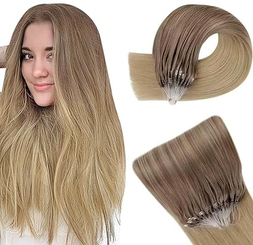 Easyouth Echthaar Microring Extensions Ombre Braun Micro Loop Haarverlängerung Remy Microring Extensions Echthaar Goldbraune Mischung mit Dunkelblond 20 Zoll 50g #10/14