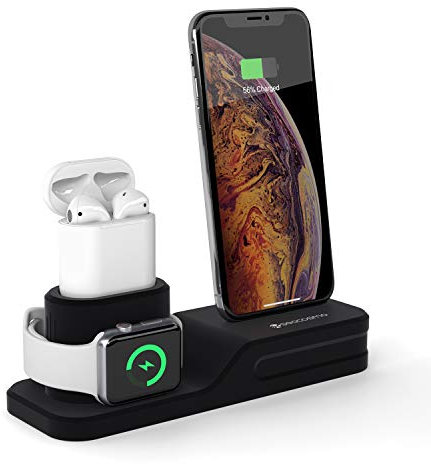Seacosmo Supporto 3 in 1 per iPhone, Stand Silicone Ricarica per Apple Watch S9/8/7/6/5/4/3/2/1, AirPods e Serie iPhone 15/14/13/12/11/XR/X/8/8 Plus, Nero