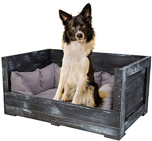 Vintage Möbel 24 GmbH Dunkles Hundebett aus Holz mit Polsterung 90x57x45cm Shabby Schwarze Optik