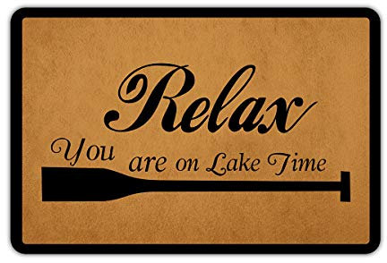Fußmatte mit Aufschrift Welcome Mat Relax You are on Lake Time, Gummi, rutschfeste Unterseite, lustige Fußmatte, für drinnen und draußen, Teppich 59,9 x 39,9 cm (B x L)