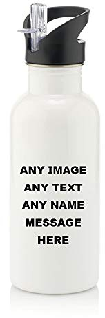 Personalised with ANY NAME Stainless Steel 600ml Water Bottle with Straw Sport Drink Bottle Double-Walled Vacuum Reusable Flask Gym Bottle. (White)
