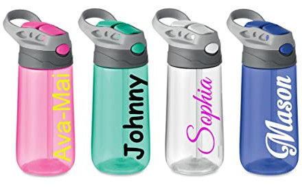 Personalised Children's Water Drink Bottle with Push Button and Flip Straw - Custom - Any Name, Word, Business, Sports, School, Promotional Merchandise