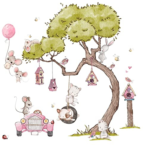 Little Deco Wandsticker Wandtattoo Kinderzimmer Mädchen Mäuse Wandaufkleber Vögel Wandbild Mädchenzimmer Katzen Blumen Rosa Schaukel Wanddeko Auto Blumenranke DL744-1