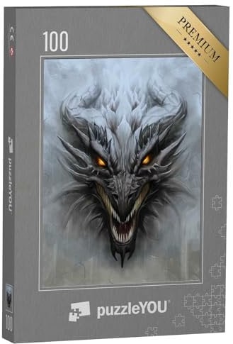 puzzleYOU: Puzzle 100 Teile „Drachenkopf auf dem grauen Stein“ – aus der Puzzle-Kollektion Drache, Fantasy, Tiere aus Fantasy & Urzeit