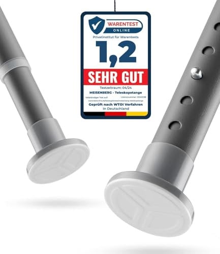 MEISENBERG Teleskop Gardinenstange ohne Bohren 160-210cm, Grau, Ø 25 mm - Teleskopstange zum Klemmen - Duschvorhangstange für Gardinen, Bäder und Balkon