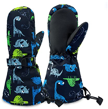SEYUFN Kinderhandschuhe Winter Thermal Warm Jungen Skihandschuhe Mädchen Fleece Wasserdichtes Futter Bebe Verstellbarer Kinder Sport Handschuhe 1-6 Jahre(Grün-Grau-Blauer Dinosaurier,2-4 Jahre)