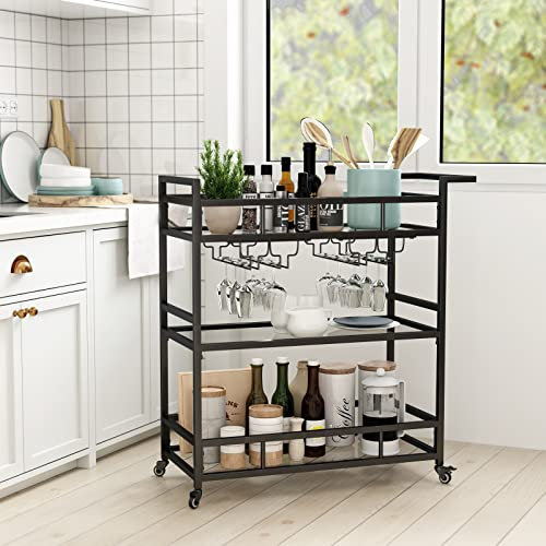 Schwarze Metall-Barwagen mit 3 Ebenen Glasregalen, Rolling Serving Bar Cart mit Weinregal und Glashalter, Industrie-Barwagen & Weinwagen auf Rädern für Küche, Innen- & Außenbereich