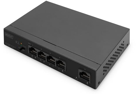 DIGITUS 5 Port Gigabit Ethernet PoE Network Switch - Unmanaged - 4x RJ45 PoE Ports + 1x RJ45 Uplink - 60W PoE Budget - CCTV Mode - 10/100/1000 Mbps - black