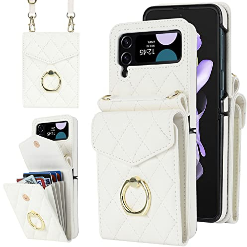 SINQERISHT Handykette Handyhülle für Samsung Galaxy Z Flip 4 5G Wallet Hülle PU Leder Case mit Kartenfach& 360° Ring Ständer Klapphülle Magnetverschluss Cover(Weiss)
