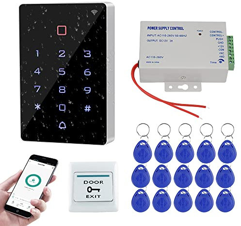 FUSYTULY Outdoor IP68 Waterproof Access Control System Tuya Wifi RFID Keypad + K80 3A Power Supply + Door Exit Button + 15pcs RFID Keyfobs tags, Without Electric Lock