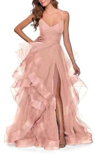 Robes de bal en tulle à volants avec bretelles spaghetti et col en V avec fente dans le dos pour robe de soirée formelle 2023, rose poudré, 54 plus