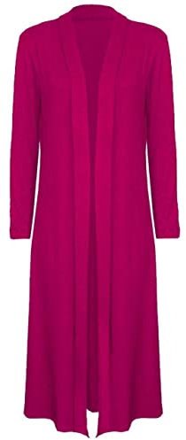 FAIRY TRENDZ Maxi cardigan da donna aperto sul davanti, a maniche lunghe, tinta unita, stile casual, Fucsia, 48/50