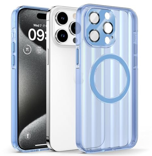 HWeggo for iPhone 15 Pro Max Case Magnetic,Compatible with MagSafe,Translucent Non-Yellowing Phone Cover with All-in-one 9H Tempered Glass Camera Protector,Breathable Thermal&Scratch Resistant,Blue