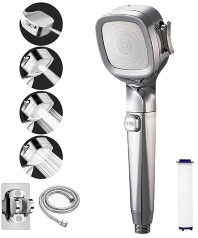 4-Mode Handheld Pressurized Shower Head,High Pressure High Flow Showerhead with Power Wash Function & Pause Switch,Built-in Chlorine Filter Water Saving Shower Nozzle,with 1.5m Hose and Stand (Silver)