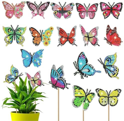 Lymshine 16 Stück Diamond Painting Schmetterling Gartenstecker - Diamond Painting Frühling Schmetterling Deko Diamant Schmetterlinge Deko Garten Diamond Painting Art für Garten Dekor…