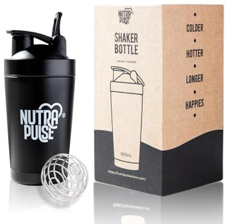 Nutra Pulse Gym Shaker Bottle – Durable 500ml Protein Shake Mixer with Mixing Ball & Secure Leakproof Lid | BPA-Free, Dishwasher Safe, Odor-Resistant Shaker Cup for Fitness, Workout & Sports – Black
