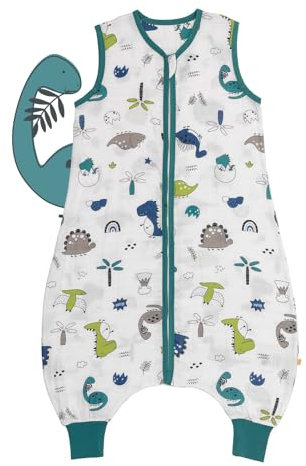 schlummersack Baby Schlafsack mit Füßen Sommer 0.5 Tog 130 cm dünn Bambus-Musselin Dino | Schlafsack mit Beinen ungefüttert für eine Körpergröße von 130-140cm | Schlafsack Baby Sommer