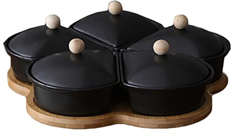 Plato para servir frutos secos, 5 piezas, bandeja para condimentos, bandeja de frutas secas con tapa, bandeja de aperitivos Lazy Susan para mesa (negro, 28,5 x 23 x 5,5 cm)