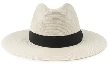 Zylioo Chapeau de paille surdimensionné XXL - Chapeau de plage Panama à large bord pour grandes têtes - Chapeau de voyage UPF réglable avec mentonnière, Ruban blanc cassé, XS/S
