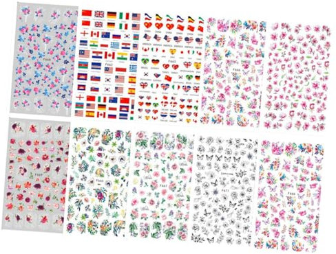 Healvian 10pièces Autocollants Ongles Manucure Diy Motifs Mixte Fleur Drapeau Stickers Nail Art Décoration Facile Pour Ongles Naturels Et Faux Gel Acrylic