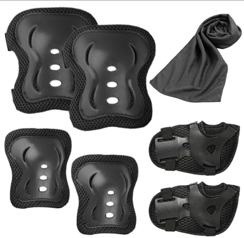 JSTHHTT 6 Piezas Protecciones Patines Set, Protecciones Skate Niño Rodilleras Patines Niña, Protecciones Patines Niña, Rodilleras y Coderas Niña Patinaje, Set Rodilleras Coderas y Muñequeras, Negro