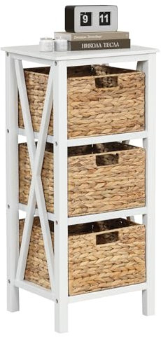 COSTWAY Bedside Table with 2/3 Seagrass Baskets, Solid Wood Narrow Nightstand Sofa Side Table, X-Shaped Acacia Wood Legs Bedside Cabinet Accent End Table for Living Room Bedroom (1PC-3 Tiers, White)