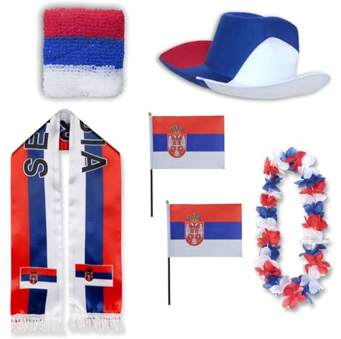 Sonia Originelli Fanset Fanartikel Fanhut Blumenkette Fanschal Schweißband Fähnchen WM EM Farbe: Serbien
