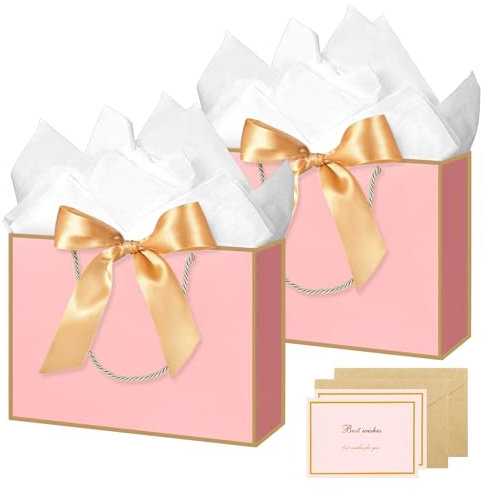 2 Pièces Sacs en Papier Multifonctionnel Set, 28 x 10 x 20 cm Sacs Cadeaux D'Anniversaire avec Poignées, Durable Sacs Cadeaux avec Ruban pour Mariage Festival Fête (Couleur rose)