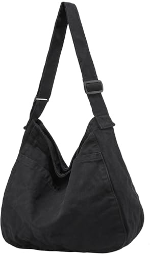 DAINAOTM Bolsa de lona casual Hobo bandolera para mujeres y hombres, bolso grande de mensajero, bolsa de mensajero, viaje y trabajo, negro, (0-black), Large