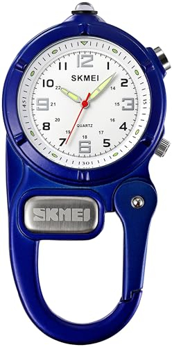 findtime Taschenuhr mit Karabiner Taschenlampe, Karabineruhren mit Clip Unisex Krankenschwester Analog Quarz Uhren Clip On für Kletterer Sport Outdoor Aktivitäten Blau
