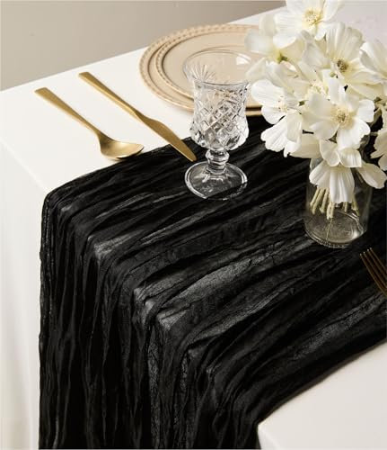 Vitalizart Schwarz Tabelle Läufer, 88,9 x 305 cm Gaze Tischdecke Boho Rustic Dekorationen für Urlaub Party Hochzeit Dekor Empfang Braut Dusche