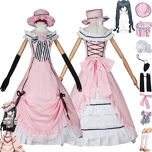 bbganlian Anime Charakter Ciel Phantomhive Cosplay Kostüm Outfit Rosa Uniform Kleider Komplettes Set Halloween Party Dress Up Anzug mit Hut Perücke Augenklappe für Frauen Mädchen (M)