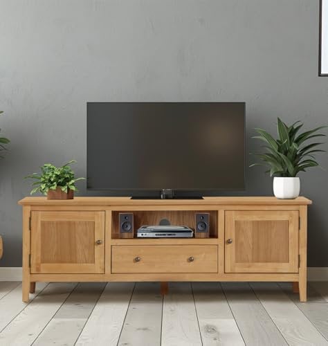 Hallowood Furniture Aston Long TV Unit with 2 Drawers, Cupboard and Shelf, TV Stand Cabinet with Storage and Cable Management, Large Wooden TV Stand, TV Media Unit for Living Room & Bedroom
